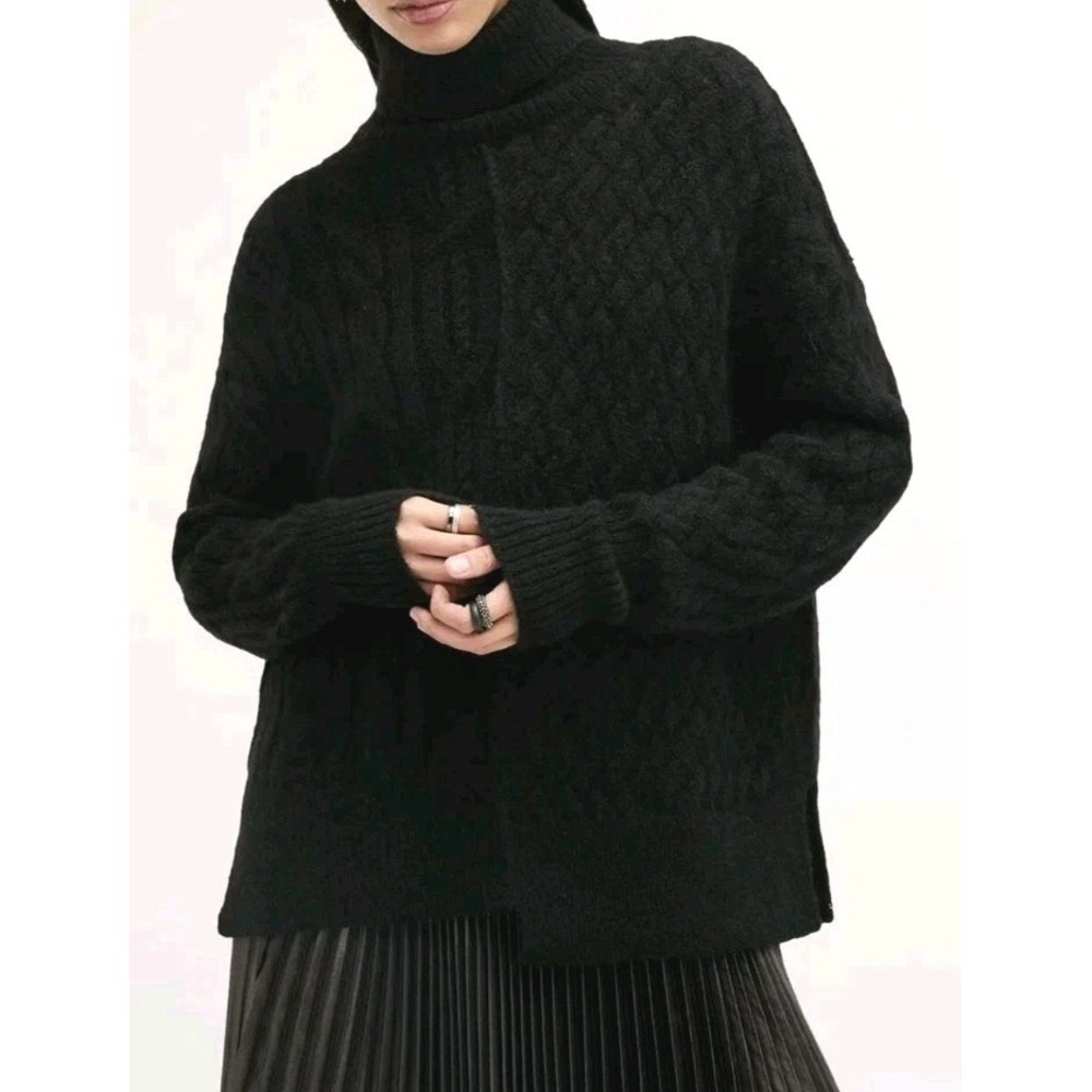 All Saints Varla Sweater Size Medium Black Alpaca Cable Stitch Roll Neck